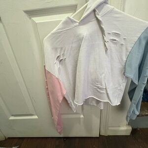 Trendy Distressed Hoodie in White, Pink, and Blue